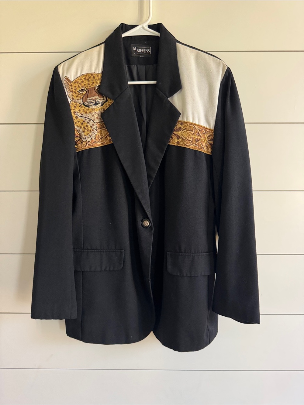 D. Stevens Black Blazer with Cream Shoulders and Gold Leopard Panel